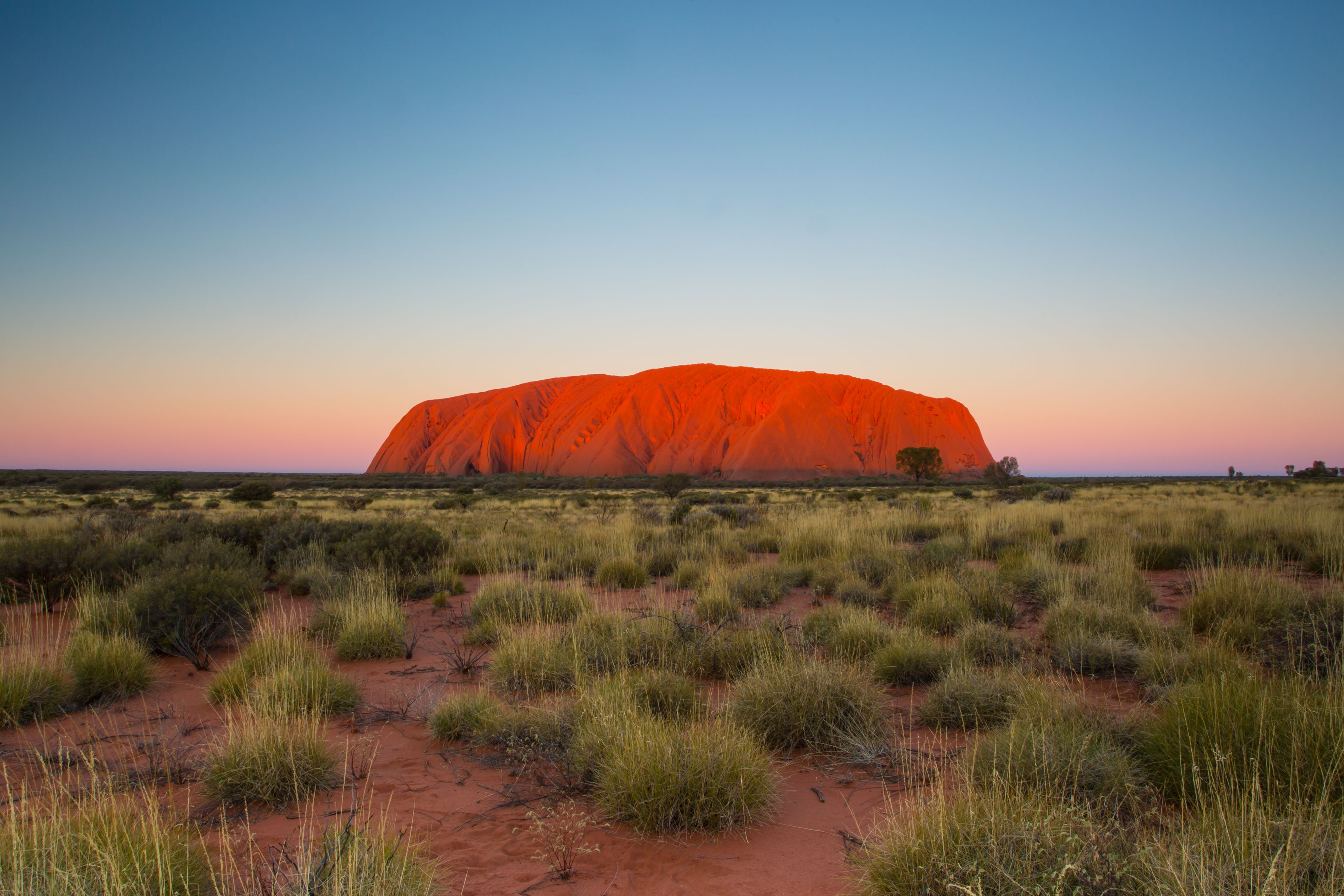 A photo of Uluru, the massive sandstone rock formation glowing red in the light of the setting sun, against a backdrop of clear blue skies.