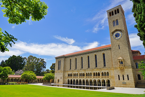 The University of Western Australia is depicted as an architectural marvel, with its Romanesque-style buildings and expansive green lawns offering a picturesque academic setting. Located along the Swan River in Crawley, UWA's heritage buildings are framed by lush gardens, creating an inspiring environment for learning and cultural exchange. The photograph captures the essence of the university's grandeur, with the nearby Matilda Bay providing a scenic backdrop that enhances the overall beauty and charm of the campus.