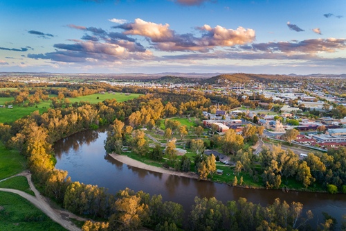 The dynamic heart of Wagga Wagga, capturing its bustling main streets, cultural landmarks, and verdant public parks, all reflecting the city's rich cultural tapestry and strong sense of community. 