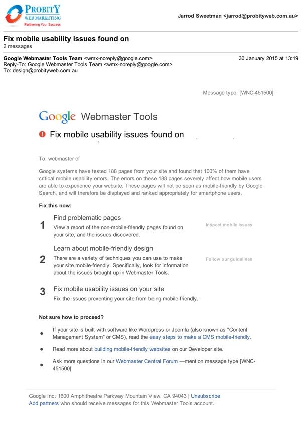 Google warning email for non mobile0friendly websites