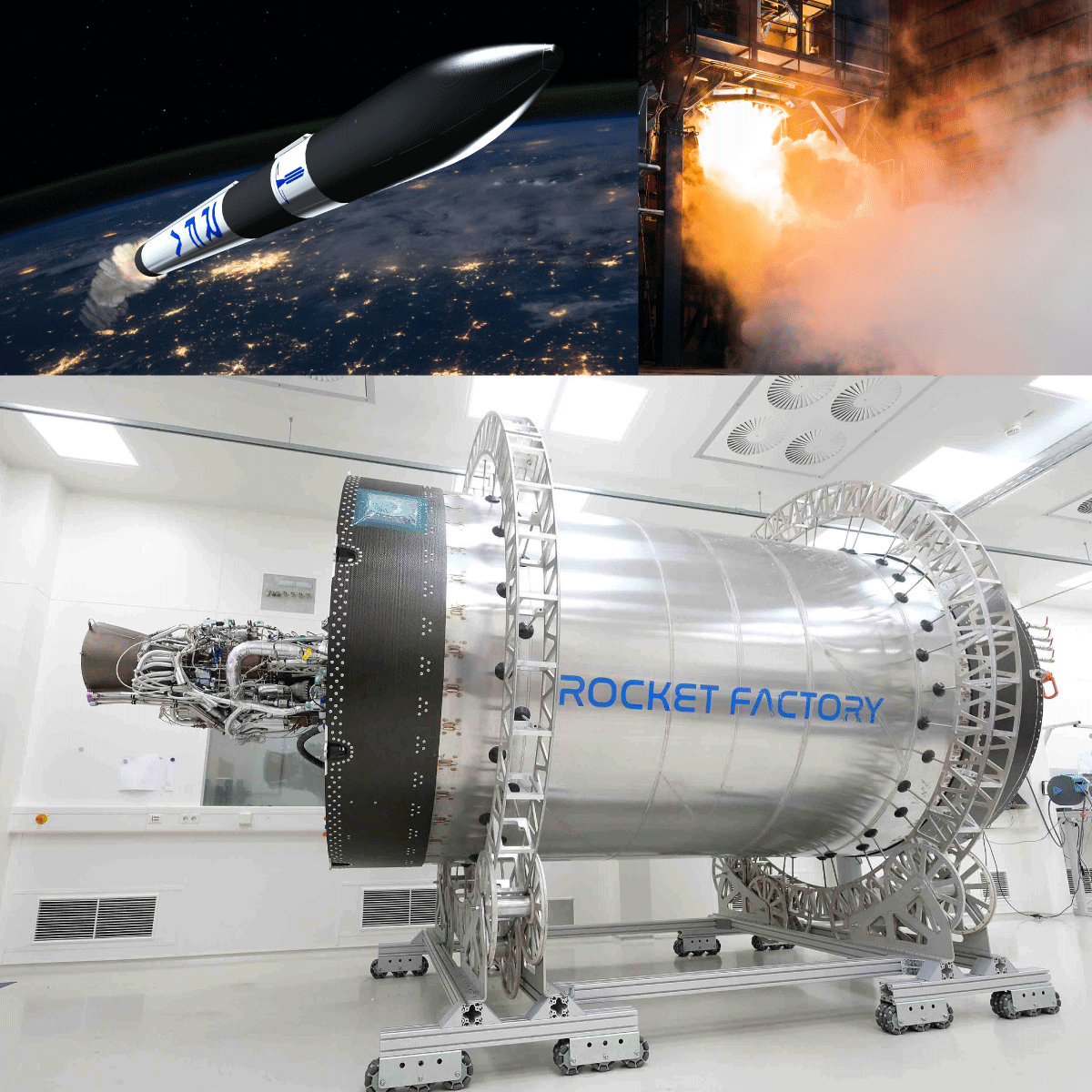 Rocket Factory Augsburg images of rendered rocket in space and integrated rocket in a factory and a rocket test fire