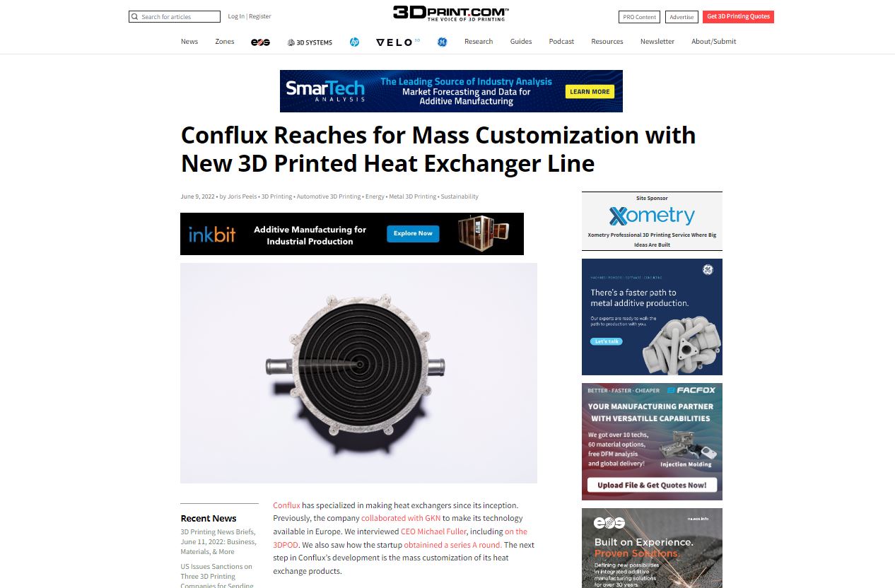 3Dprint.com Conflux Reaches for Mass Customization with New 3D Printed Heat Exchanger Line