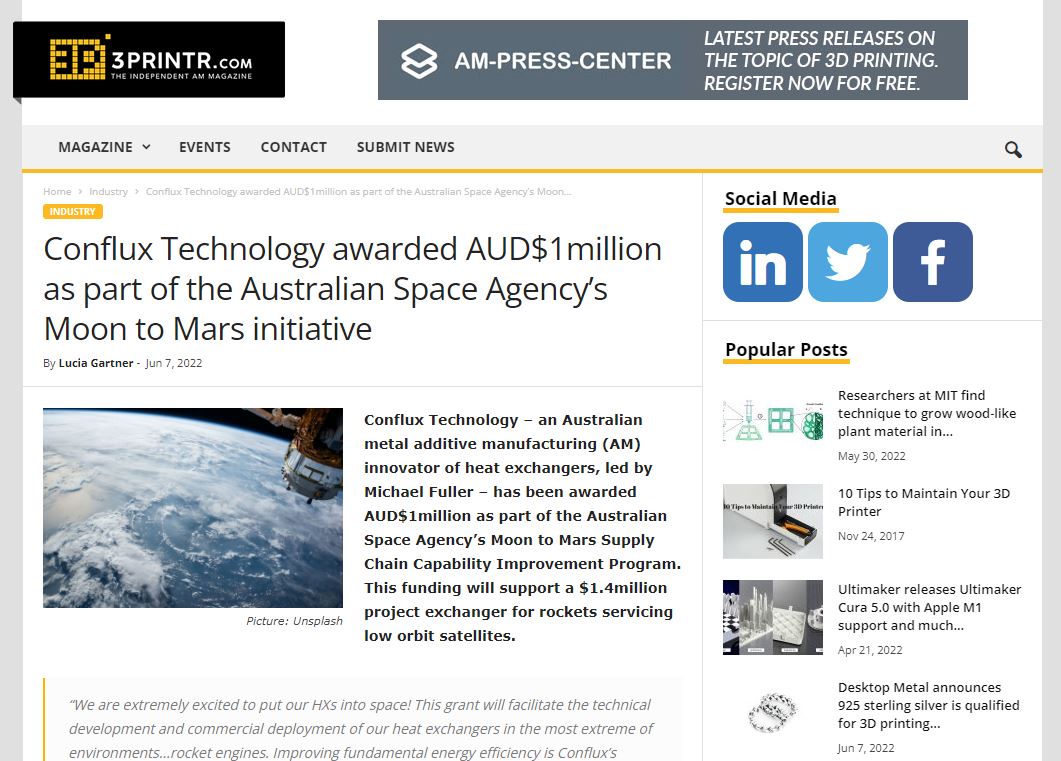 3Printer.com: Conflux Technology awarded AUD$1million as part of the Australian Space Agency's Moon to Mars initiative