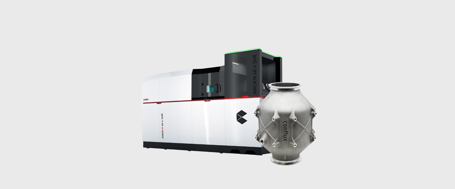 AMCM M4K 3d printing machine with Conflux Technology Argon Gas Heat Exchanger part in front of machine.