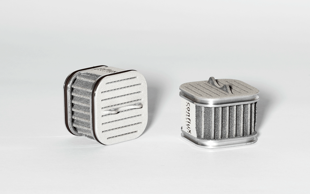 Two Conflux Cartridge Heat Exchangers - 3D printed with complex core
