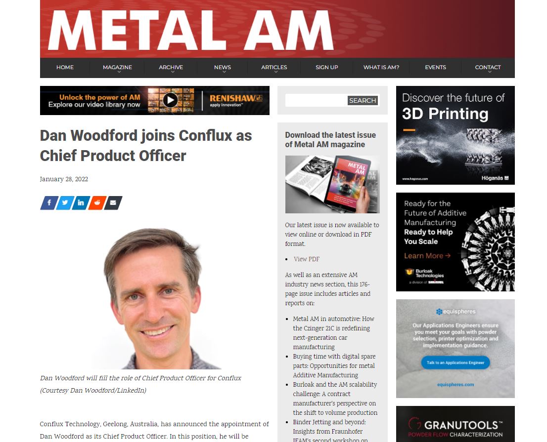 Metal AM Magazine: Dan Woodford joins Conflux as Chief Product Officer 