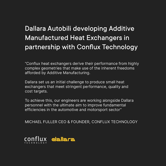 Dallara developing additive manufactured heat exchangers in partnership with Conflux Technology