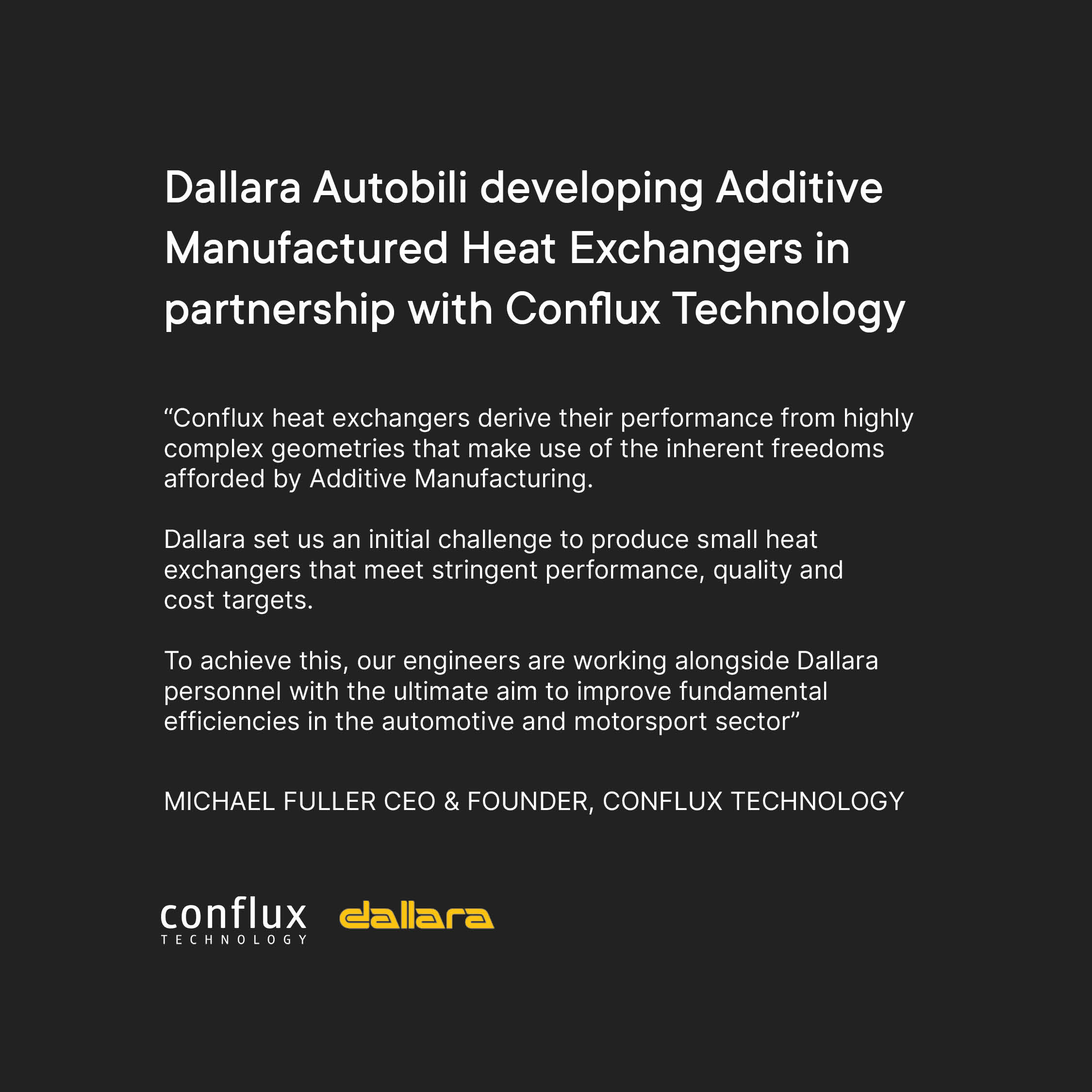 Dallara developing Additive Manufactured Heat Exchangers in partnership with Conflux Technology