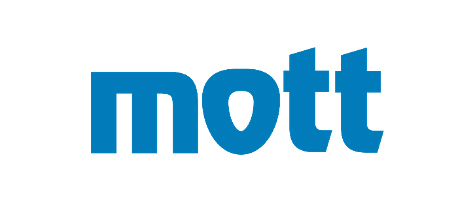 mott logo in blue on white background