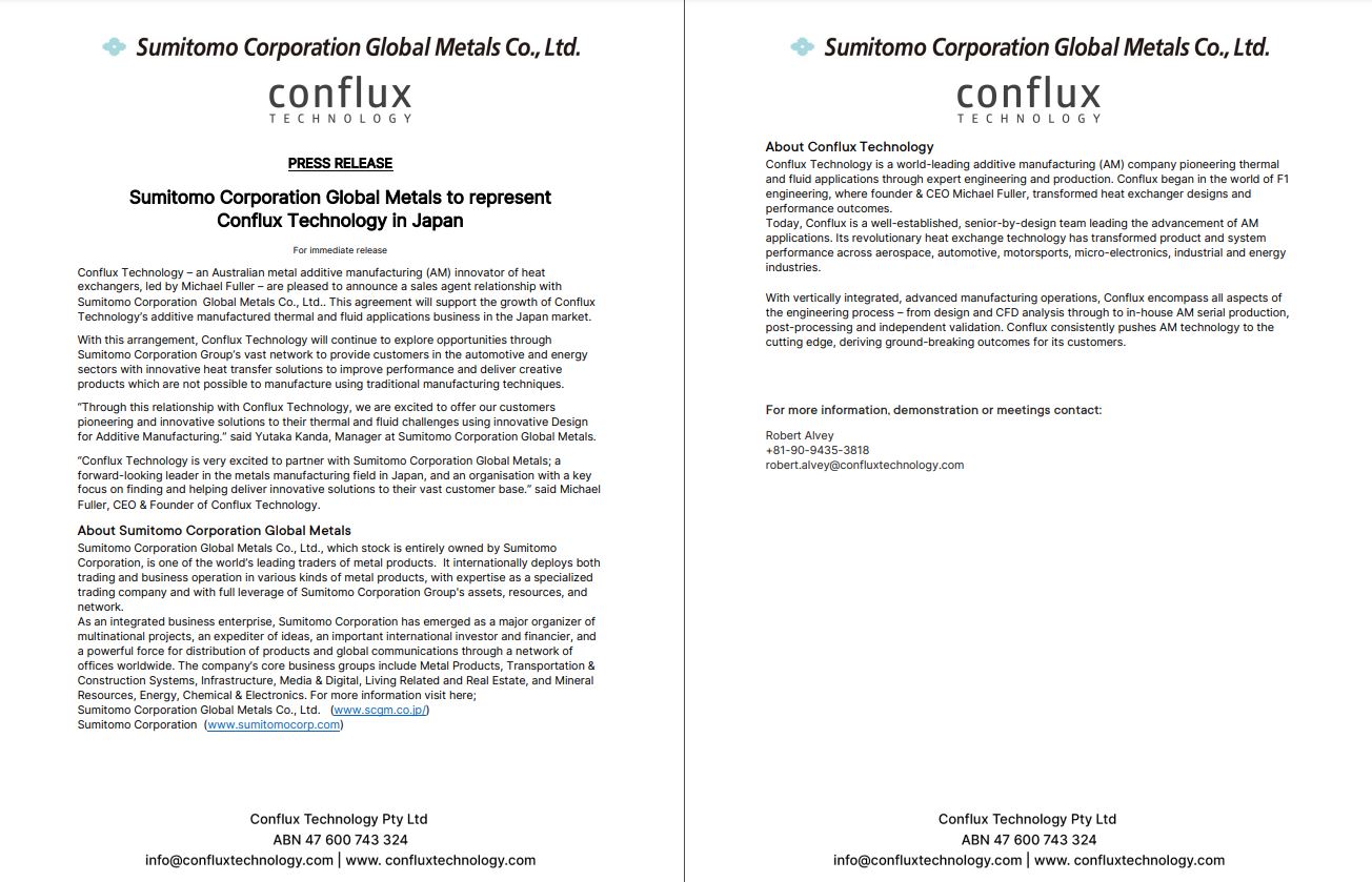Sumitomo Corporation Global Metals to represent   Conflux Technology in Japan 