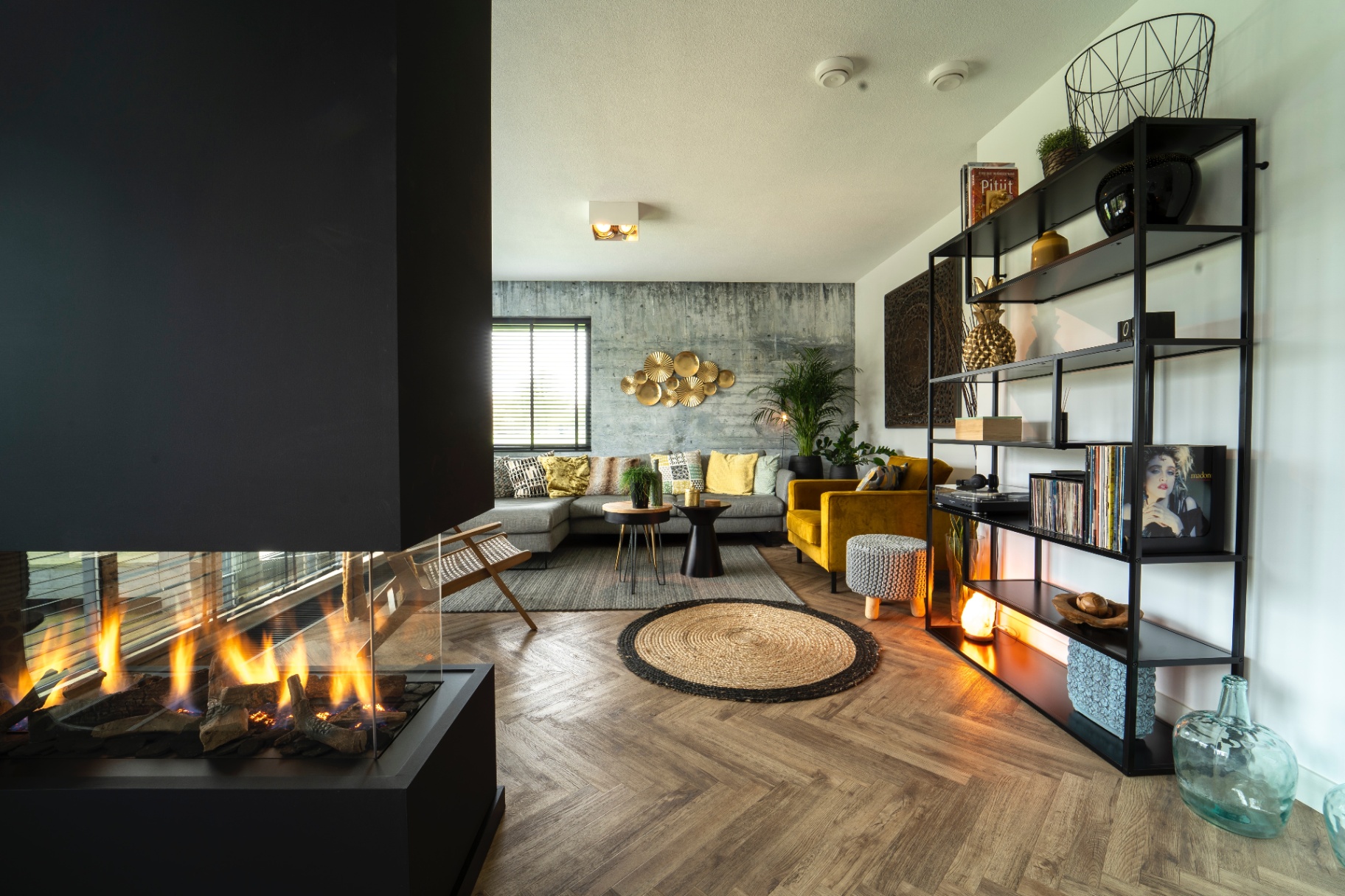 Gas fireplace heater alight in a cosy room