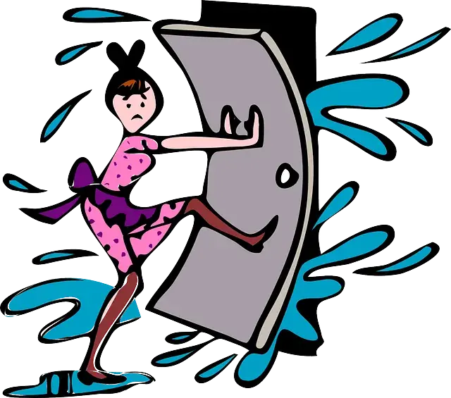 comic pic of lady holding back a door from flooding water