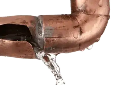 leaking copper pipe with visible break