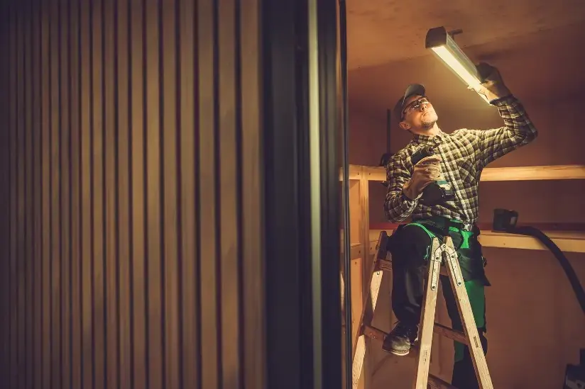 Electrician on ladder installing shed lighting