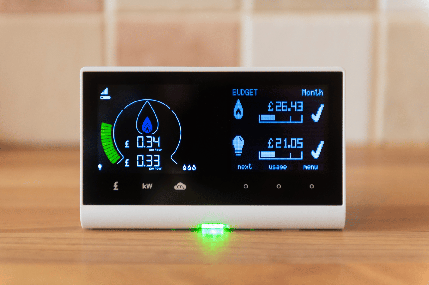 Smart Meter Interface showing the cost of current energy usage and the cost of monthly budget that has been used