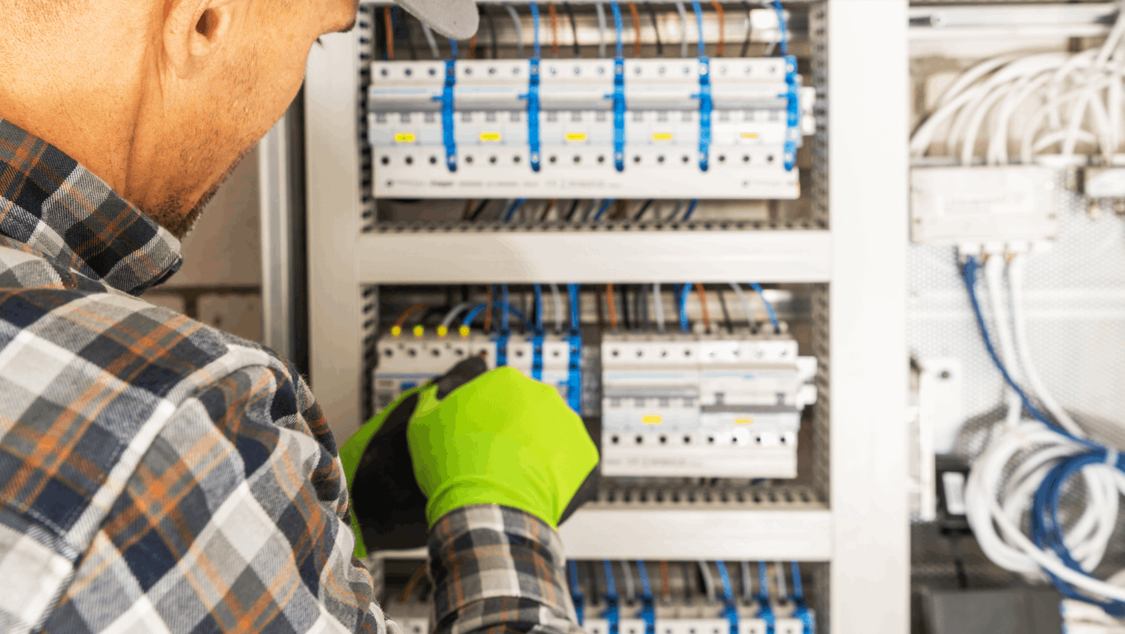 Electrician installing and testing safety switches in electrical cabinet