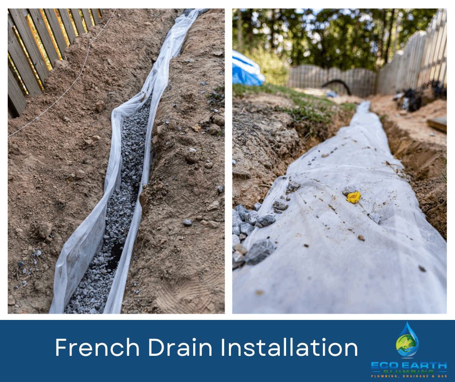 French drain installation images showing trench dug out and filled with drain pipe, gravel and fabric prior to being covered for subsurface drainage