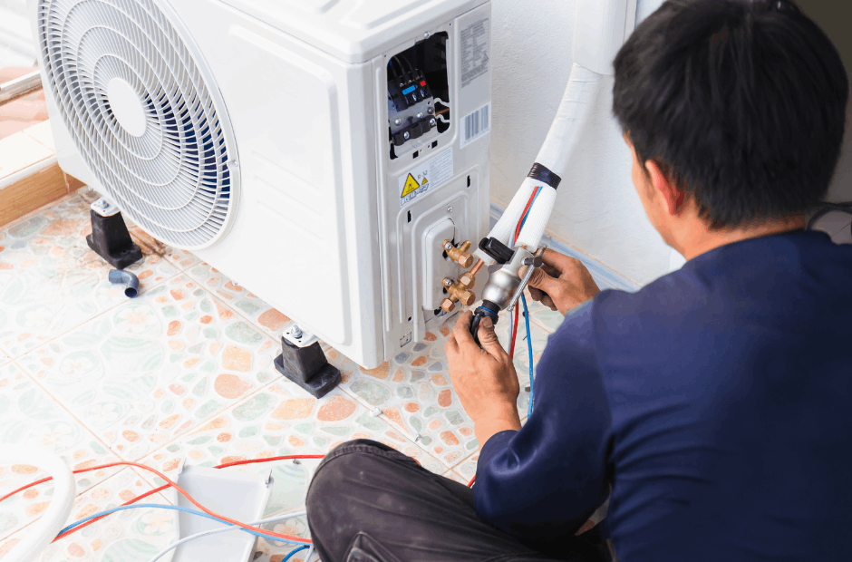 HVAC technician regassing and repairing air conditioning unit
