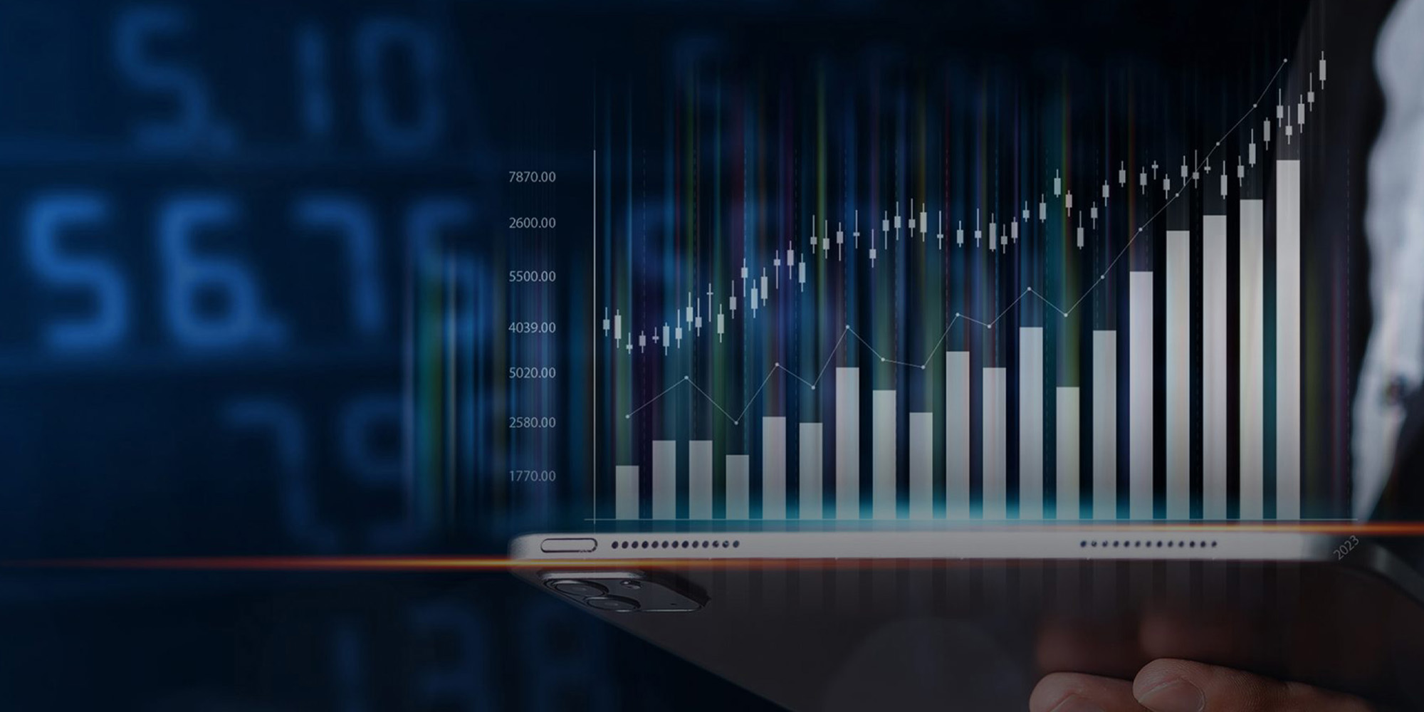 Businessman using tablet with trading graph. stock exchange mark