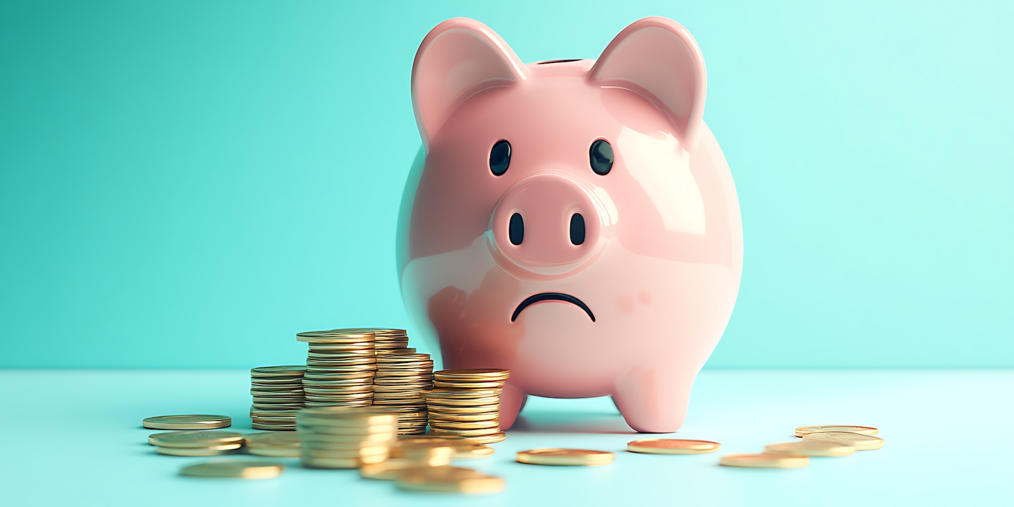 Sad piggy bank with coins