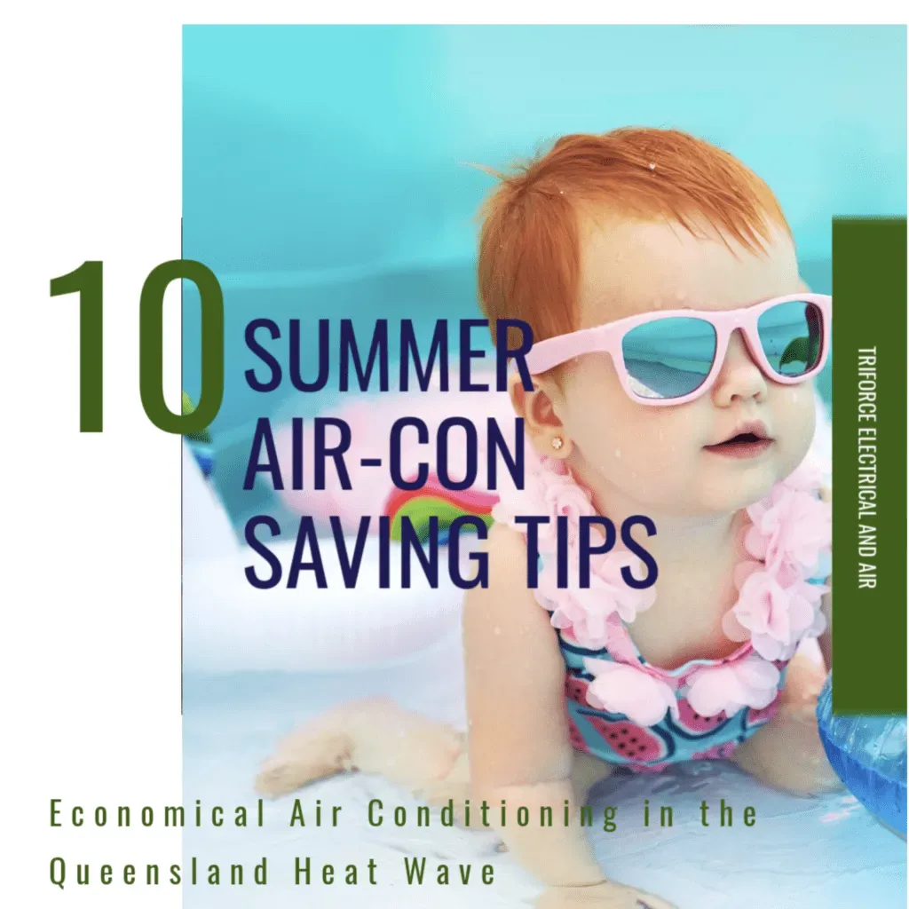 Title: 10 Summer air con saving tips. Photo of a baby keeping cool in the summer in paddling pool