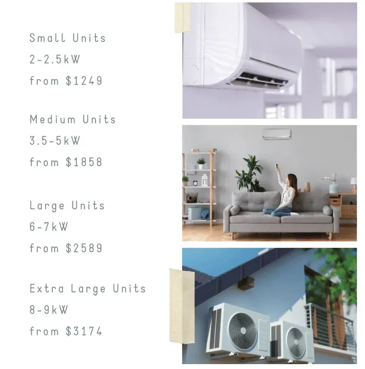 Air conditioner unit sizes small, medium & large and the cost for each. small is from $1249, medium is from $1858, large is from $2589, extra large is from $3174