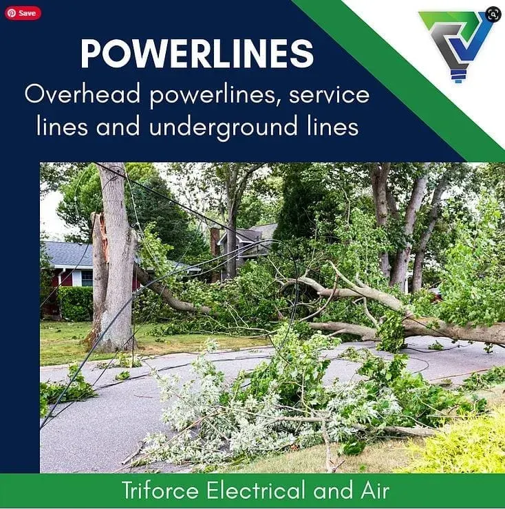 Powerlines: Overhead powerlines, services lines and underground lines. with picture of fallen tree that has pulled down overhead power lines