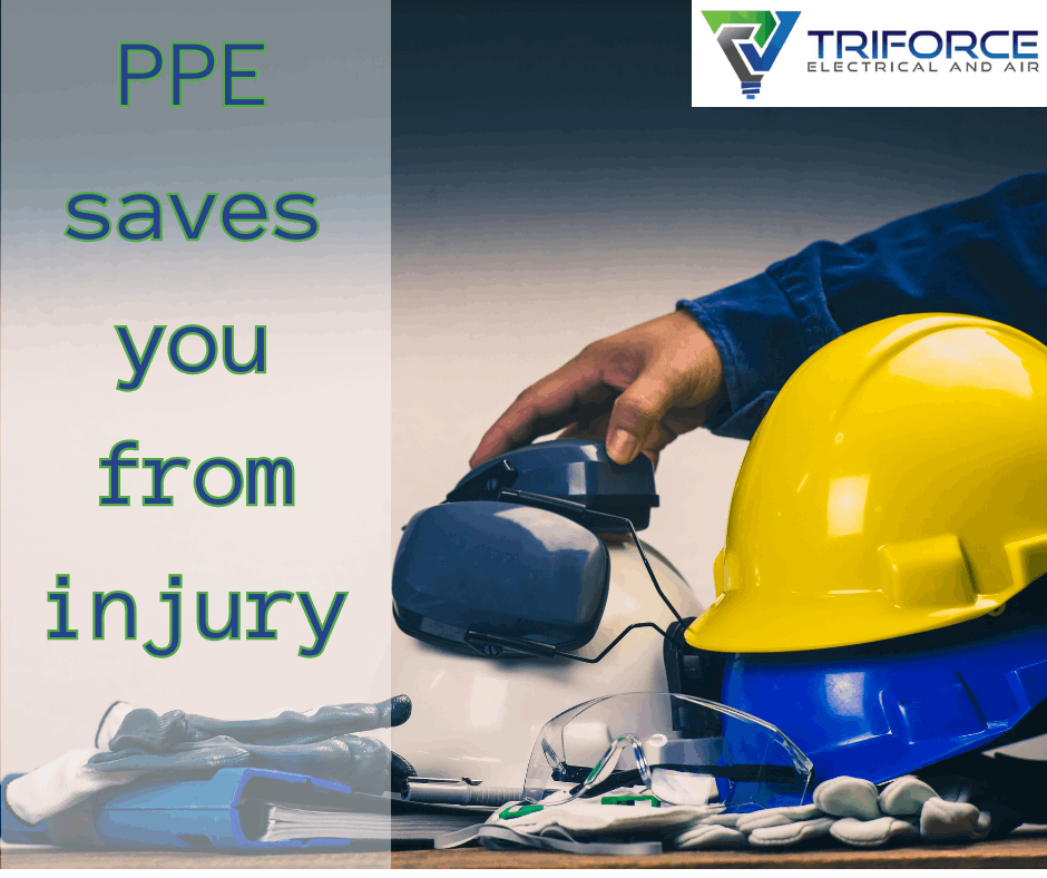 PPE saves you from injury. Showing hard hates, ear protectors, protective gloves etc