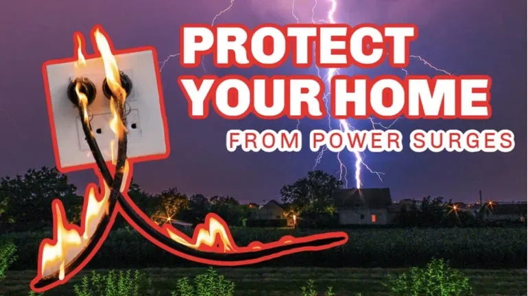 Electrical powerpoints, plugs and wires on fire. with title: Protect your home from power surges and a house being hit my lightening