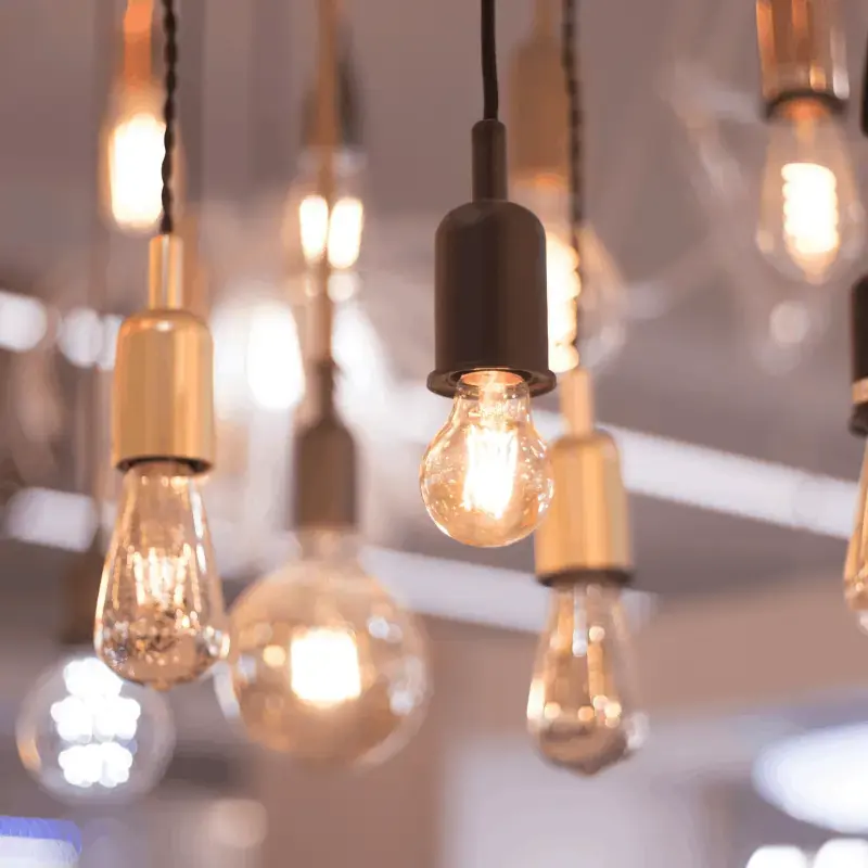 Numerous hanging LED light bulbs