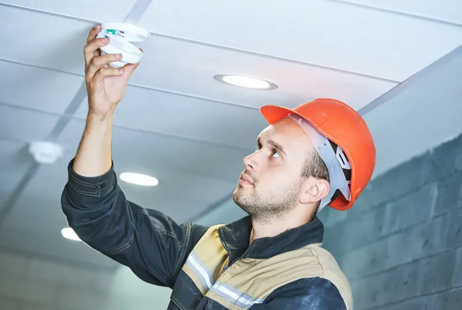 Electrician holding open smoke alarm whilst testing the smoke detector to make sure it is in full working order and compliant