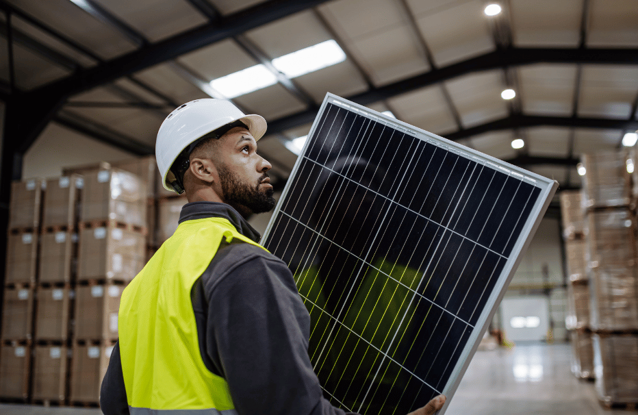 Solar technician carrying a solar panel through a warehouse to install a commercial solar system on the roof of the warehouse