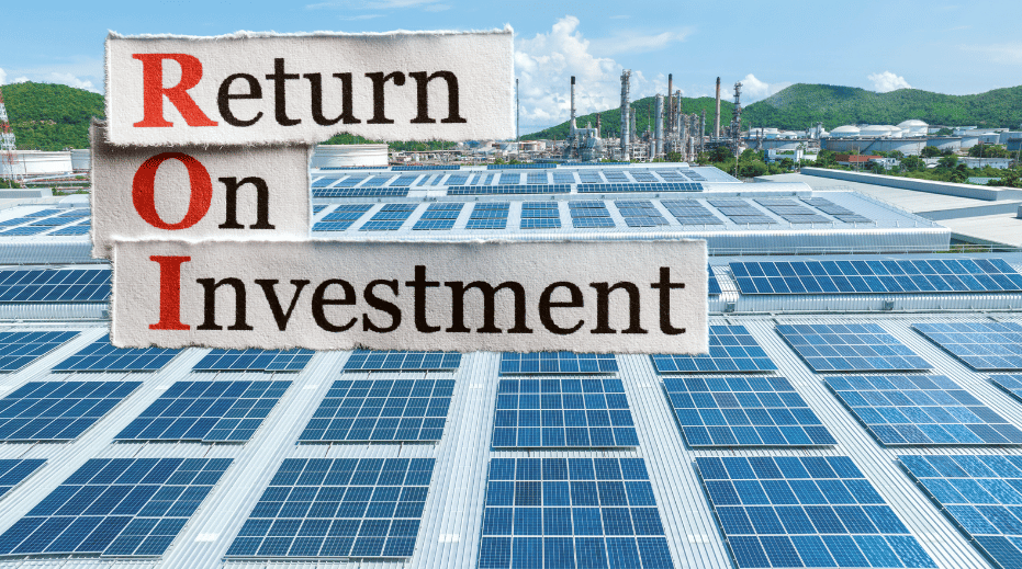 Return on Investment written over a commercial solar power system installation