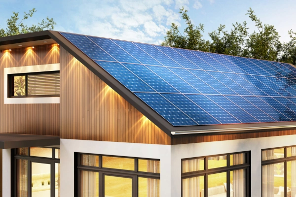 beautiful home with roof full of solar panels