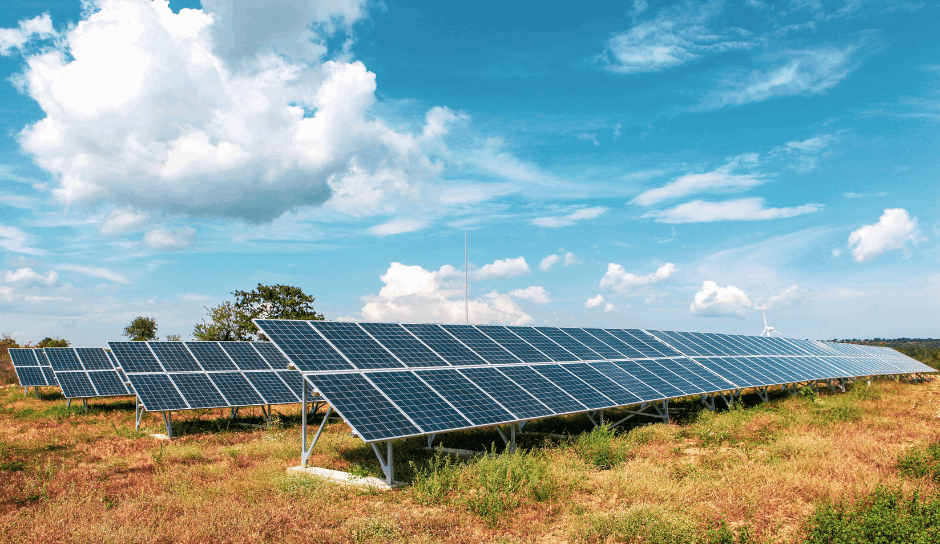 Industrial solar system installation in large open area outdoors