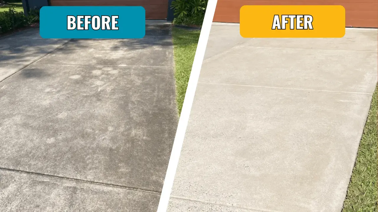 Driveway clean - dirt and grime covering a driveway before and after pressure washing, driveway is clean and bright