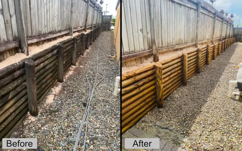 Retaining wall - covered in dirt and grime before and after pressure washing, clean wood returned to natural colour