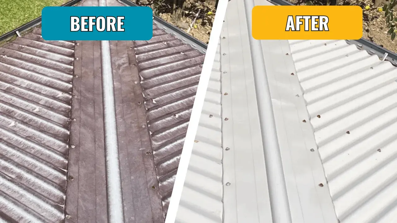 Roof cleaning - roof covered in dirt and grime before and after pressure washing, roof is thoroughly clean