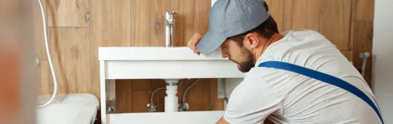 Plumber fixing pipe under the sink