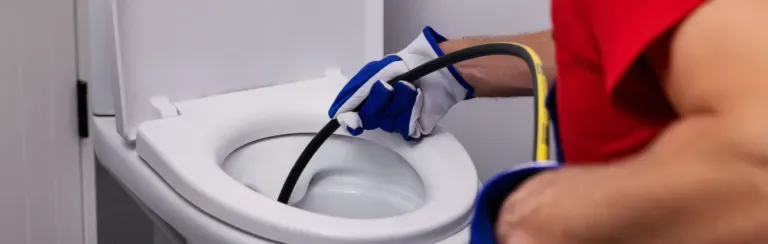 plumber clearing blocked toilet