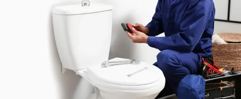 Professional plumber fixing a toilet