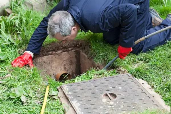 Drainage plumber inserting a drain camera to locate a pipe blockage and use drain jetter to clear the clogged pipe