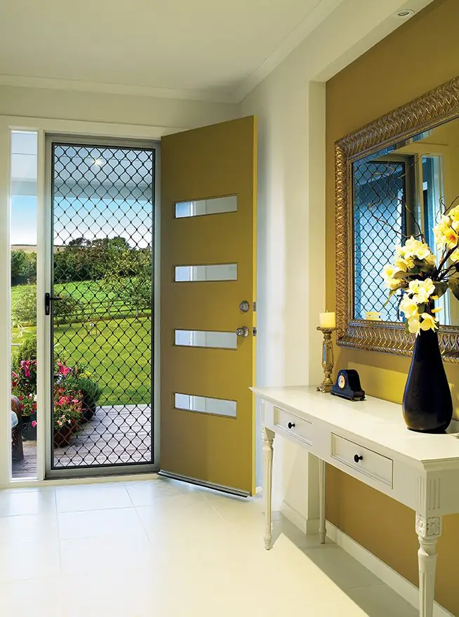 diamond Grille front screen door with view outside