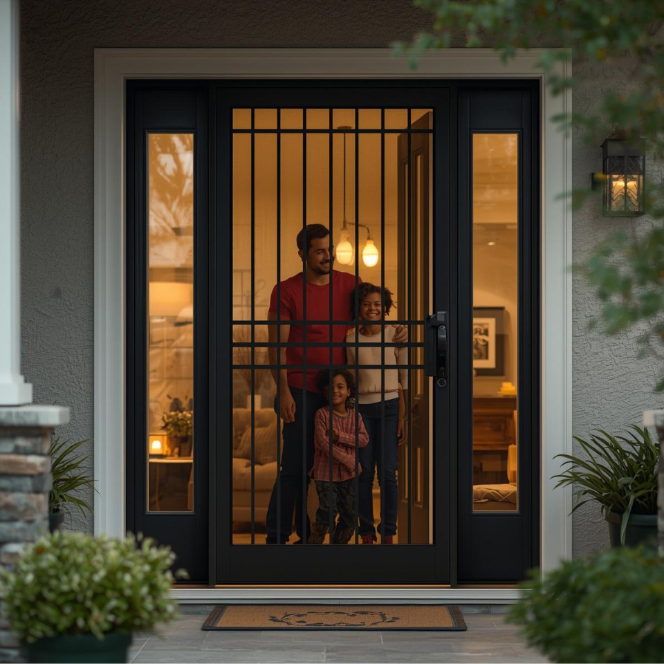 a family stood in their front doorway with a security screen installed on to existing door to make this family safe and protected from intruders