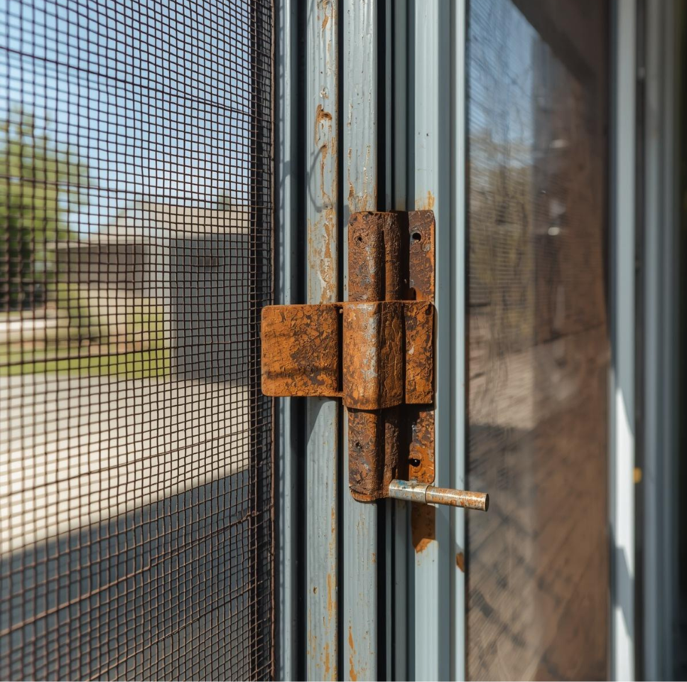 Rusted hinges, locks and screws from the salt air in Moreton Bay. this 'security' screen is no longer safe or secure from intruders and needs replacing immediately