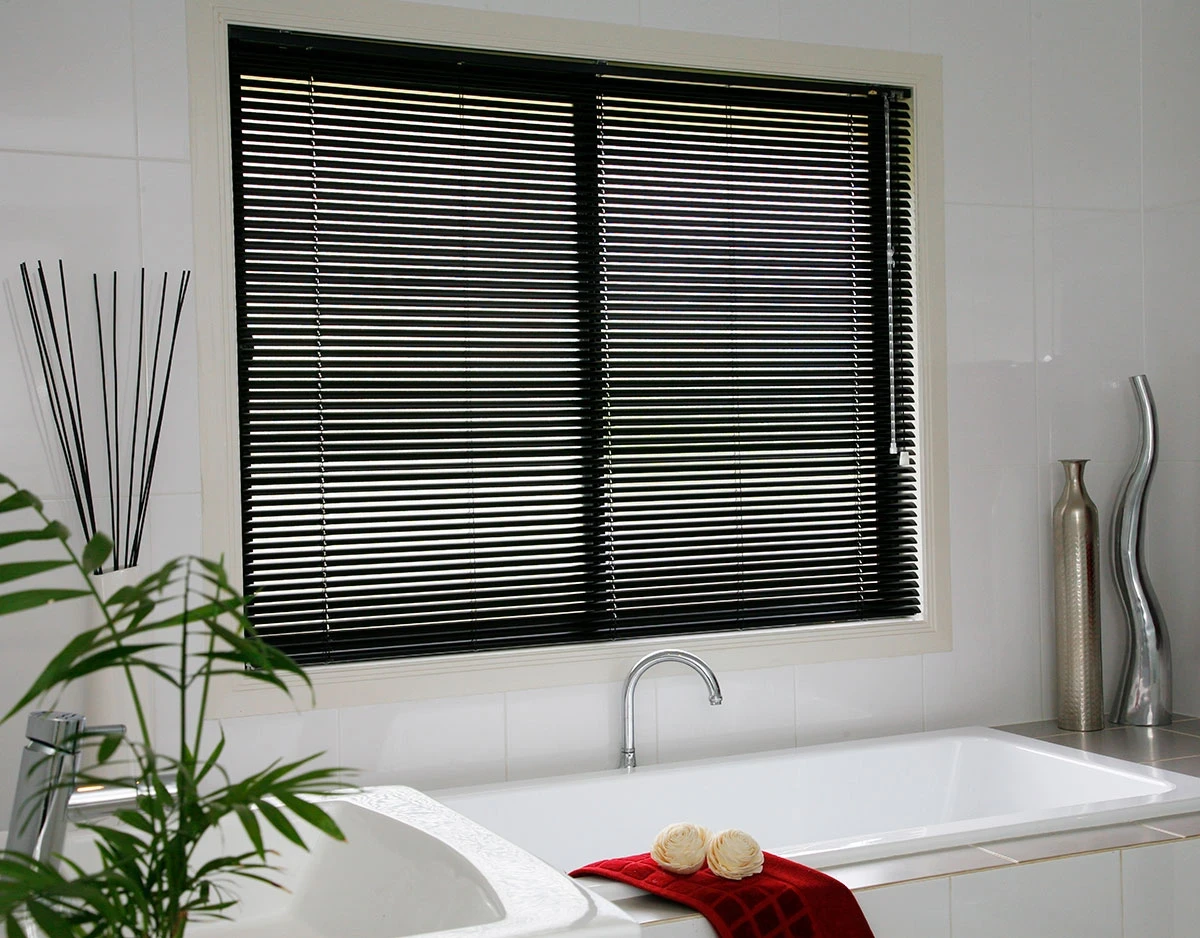 Beautiful black slimline Venetian blinds with professional installation in bathroom by Moreton Bay Security Solutions
