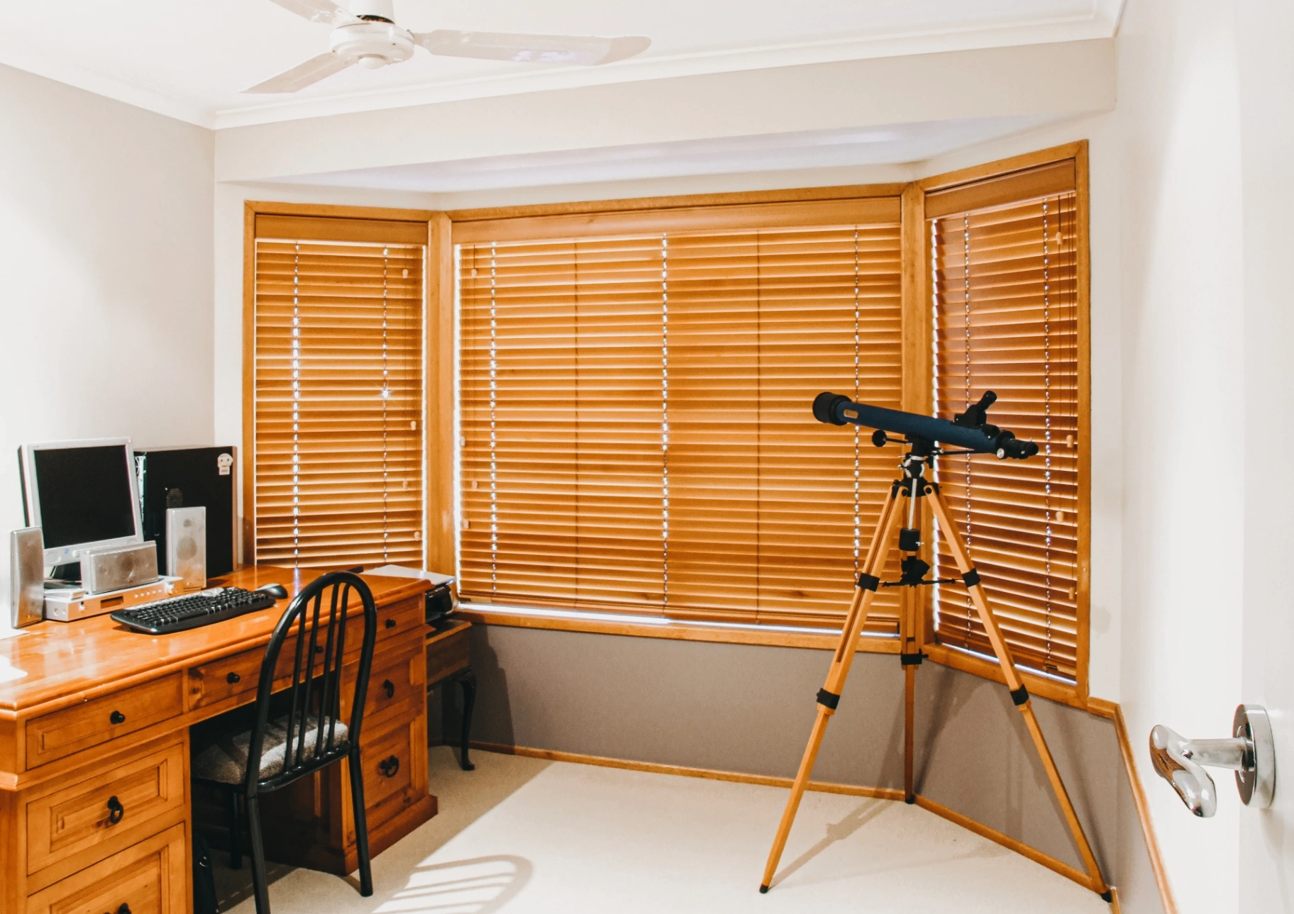 Timber Venetian blinds wooden with expert professional installation into a home office by Moreton Bay Security Solutions
