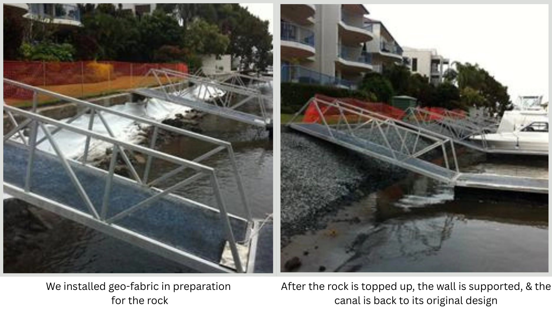 Installation of geo-fabric on canal wall in preparation before and then after the rock has been topped up and the canal wall is supported again with the canal back to its original design