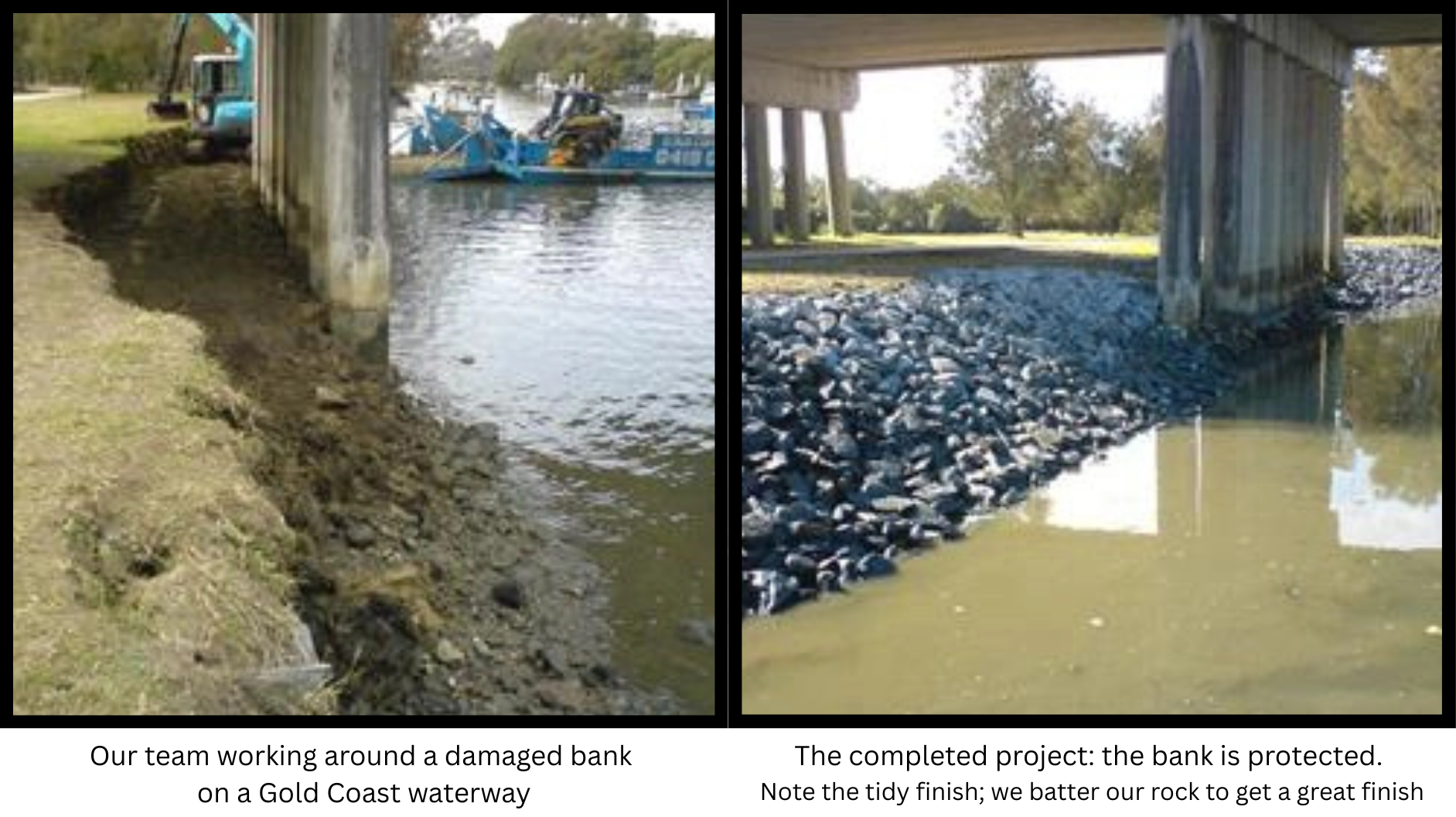 Our team worked on a damaged bank of a Gold Coast waterway. We battered the rocks to give the great finish seen in this image when the project is completed. the waterway bank is protected again.