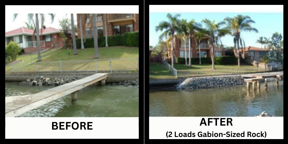 Before and after photos of a house that has existing rock that had been eroded with time and the tide. 2 loads of Gabion-sized rock was used to amour the wall